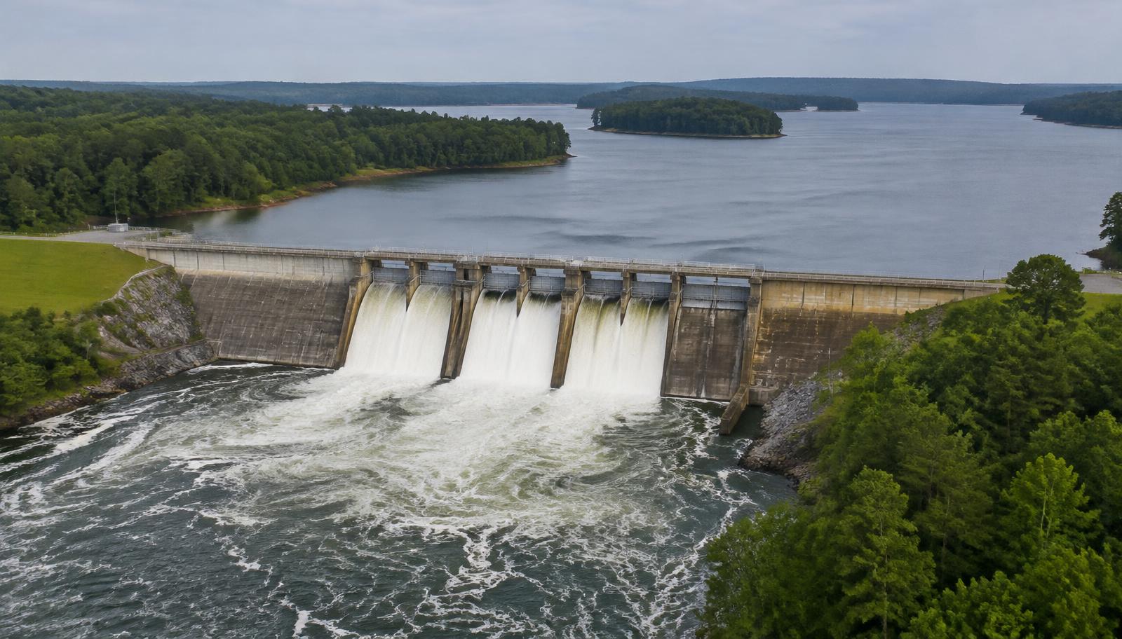 Illustrative photo: a dam spillway between two reservoir sections