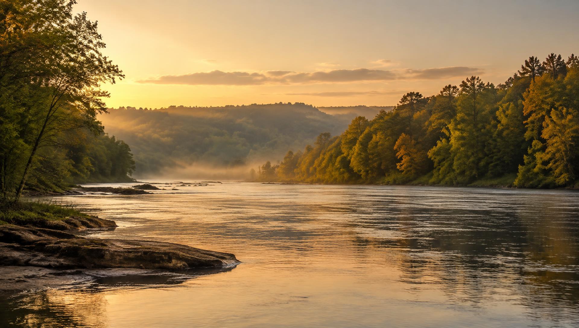 Illustrative photo: a Piedmont river at golden hour with wooded banks